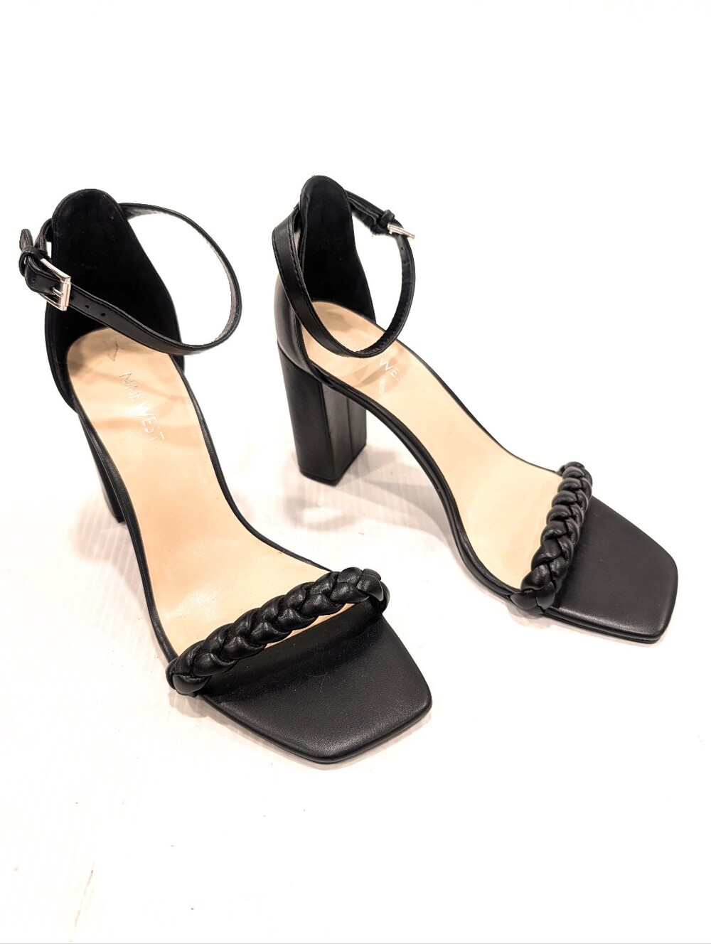 NINE WEST Allha3 Women's Black Braided Strap Block Heel Dressy Sandals Size 10